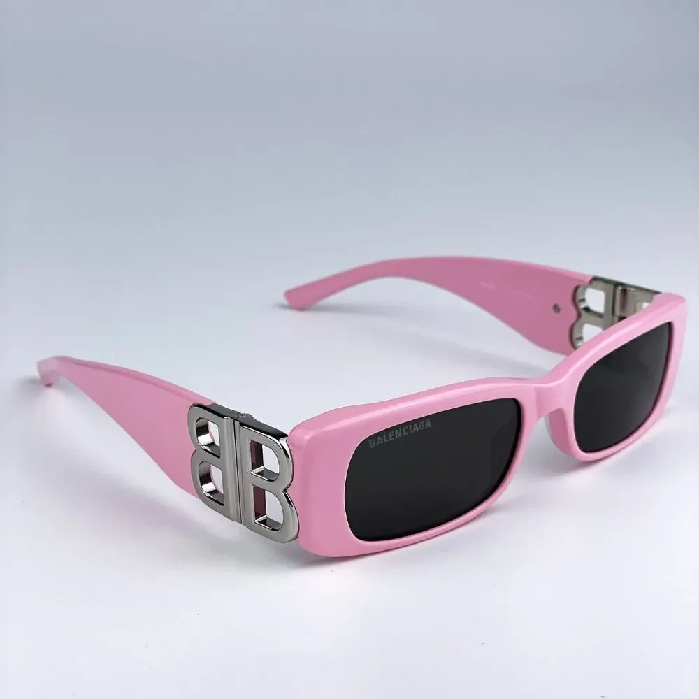 NEW Balenciaga BB0096S 012 Pink Silver Logo Grey Rectangle Unisex Sunglasses - Picture 7 of 13